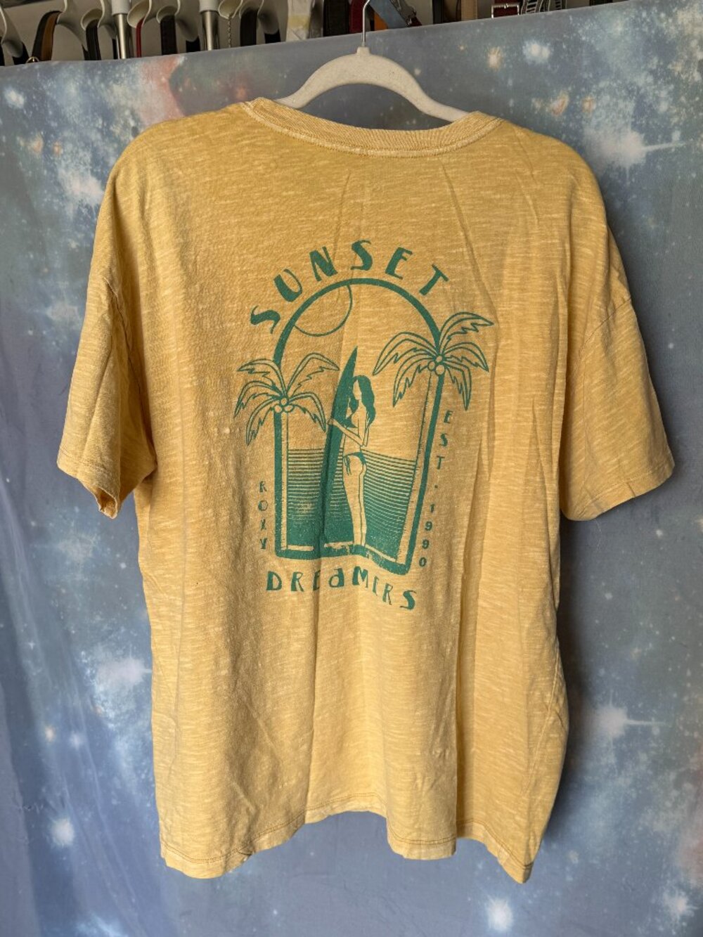 Roxy Sunset Dreamers Graphic Tee Large Yellow Shirt Surf theme